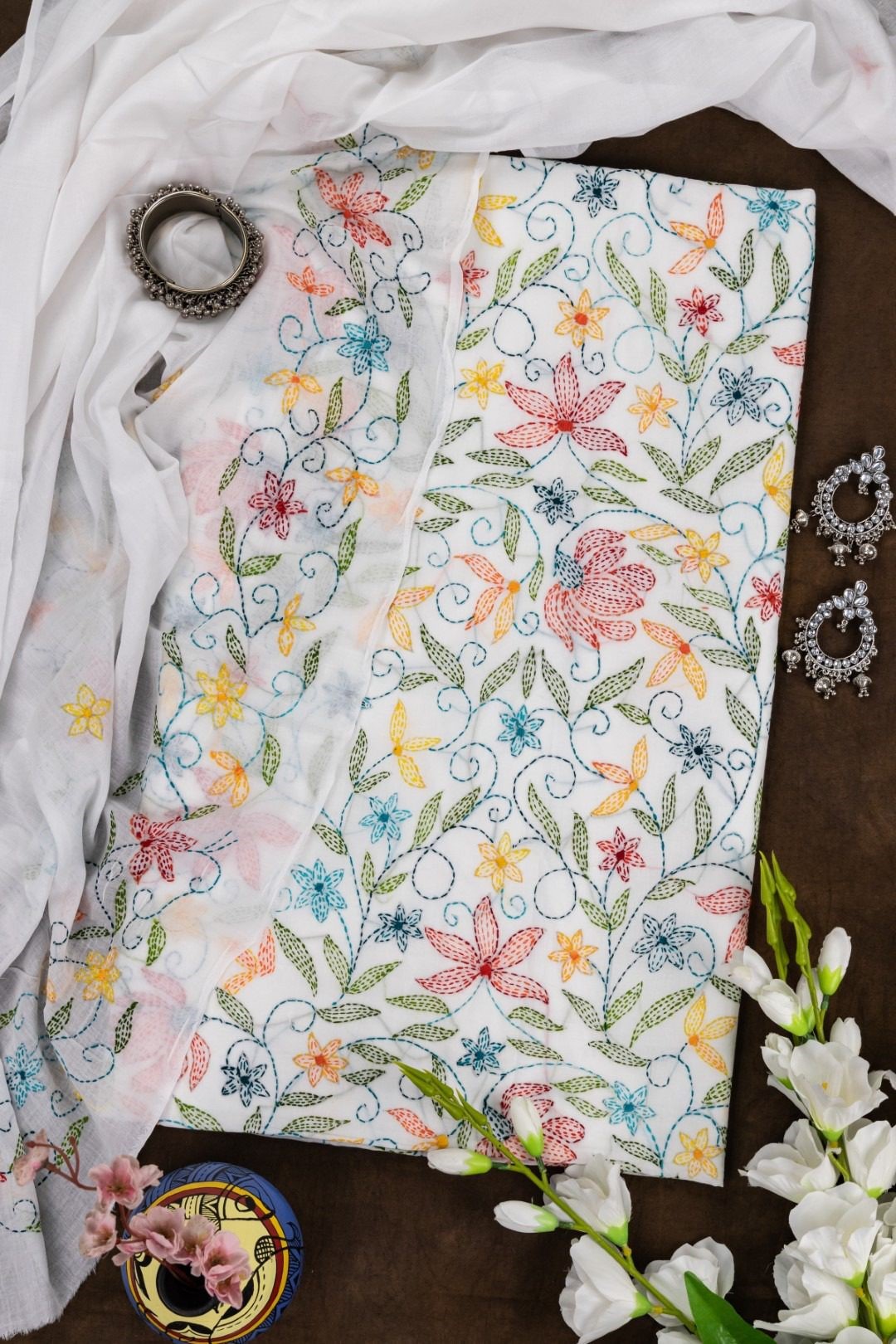 multicolor Hand Embroidered White Kurta Set