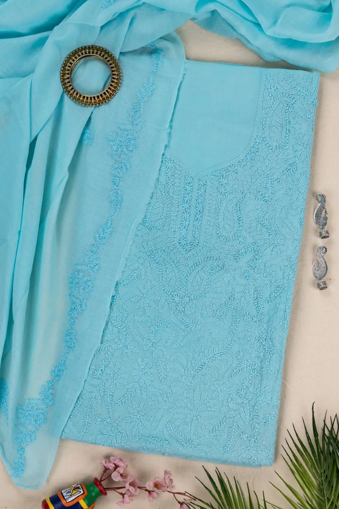 Chic Adrika Turquoise Blue Cotton Kurta Set with Multicoloured Hand Embroidery