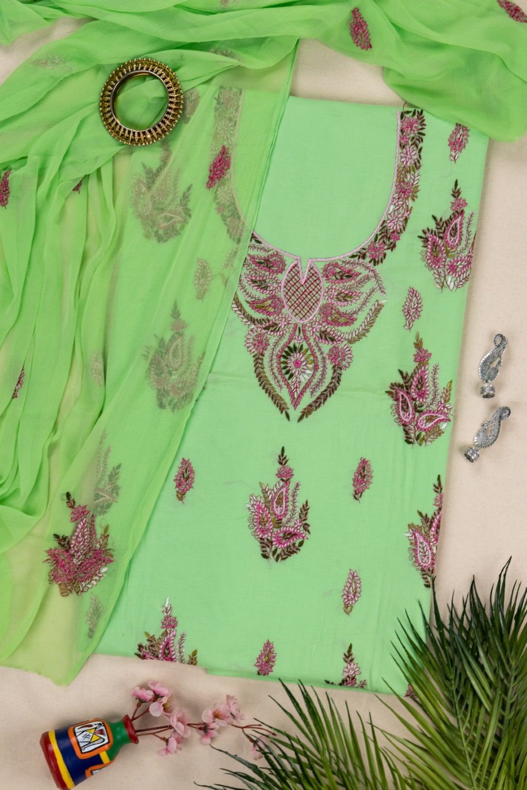 Adrika Sea Green Cotton Kurta Set with Multicoloured Hand Embroidery