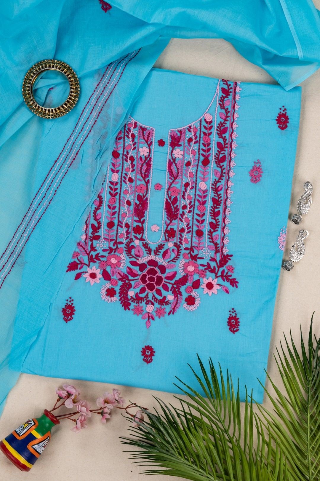 Artistic Adrika Multicoloured Hand Embroidered Turquoise Blue Cotton Kurta Set