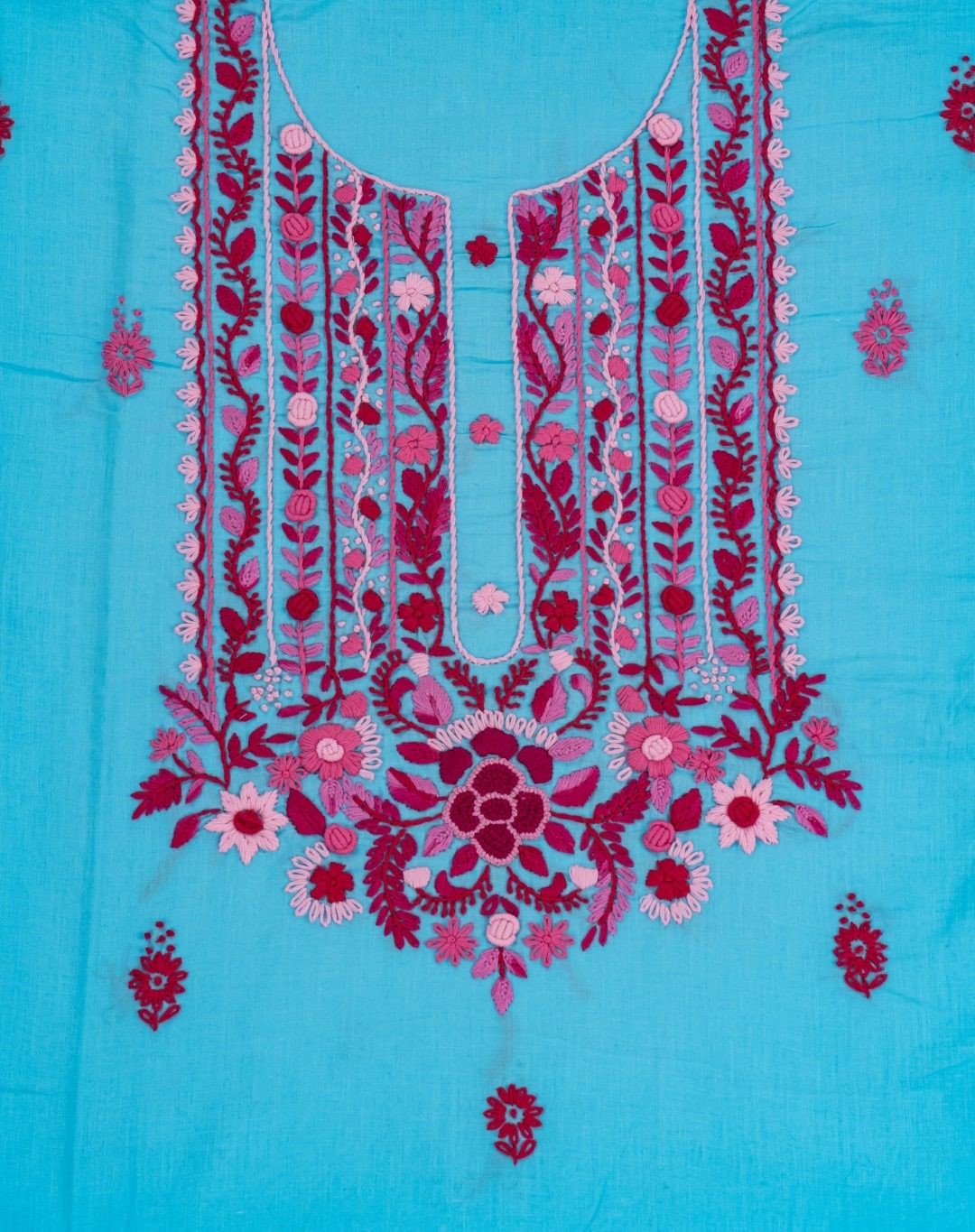 Adrika Turquoise Blue Cotton Kurta Set with Intricate Multicoloured Embroidery