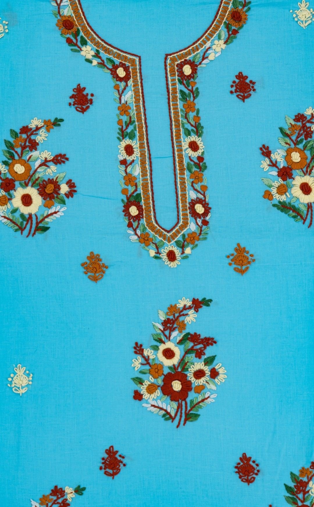Hand Embroidered Turquoise Blue Cotton Kurta Set by Adrika
