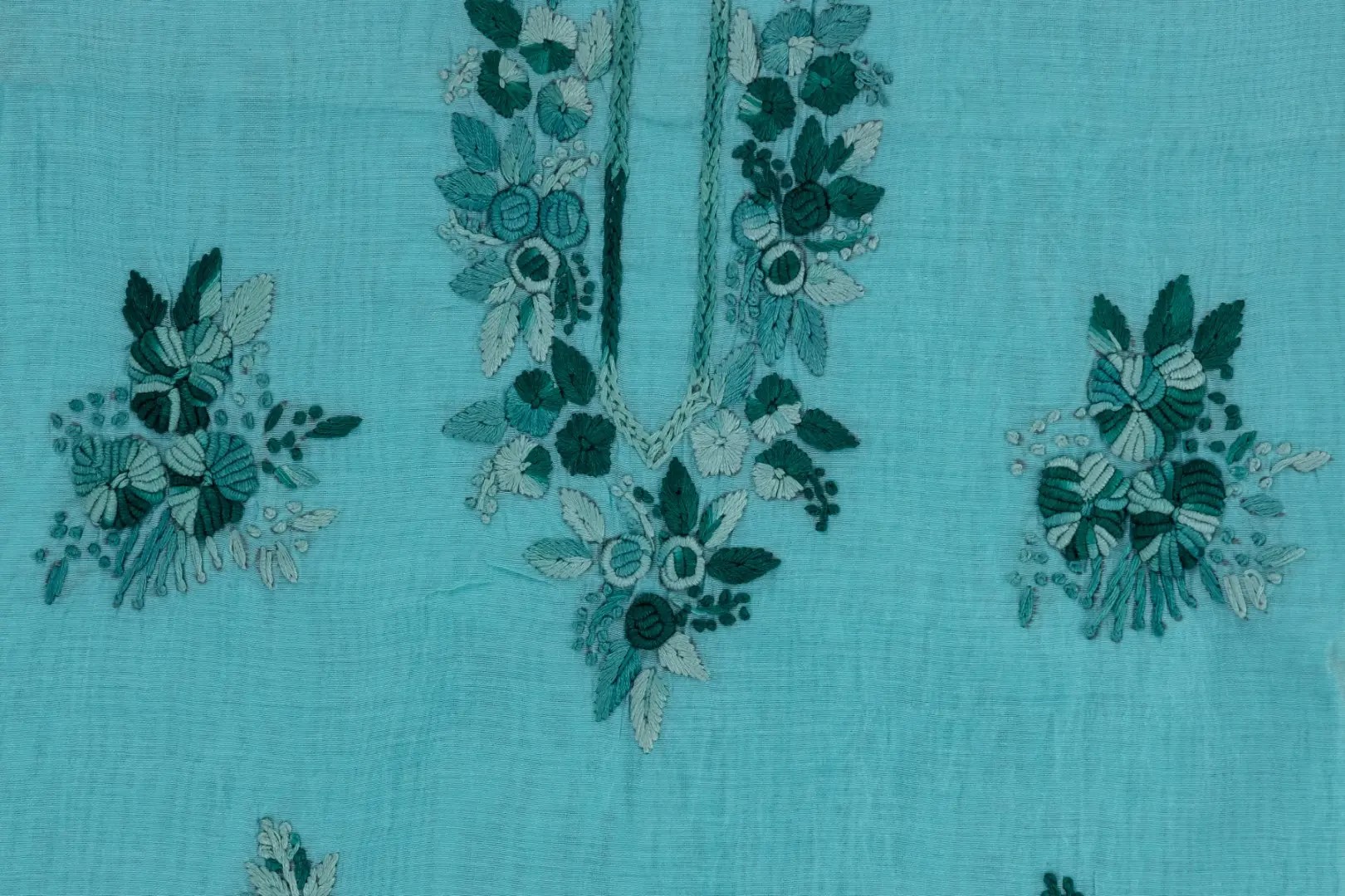Hand Embroidered Turquoise Blue Cotton Chanderi Kurta by Adrika