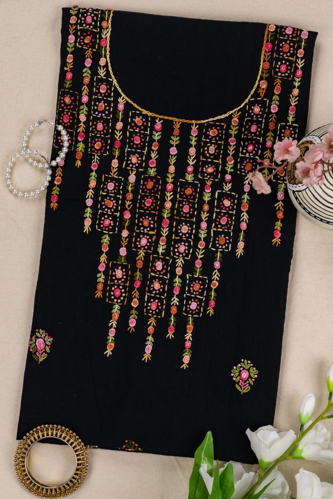 Adrika Black Cotton Kurta Set Featuring Multicoloured Embroidery
