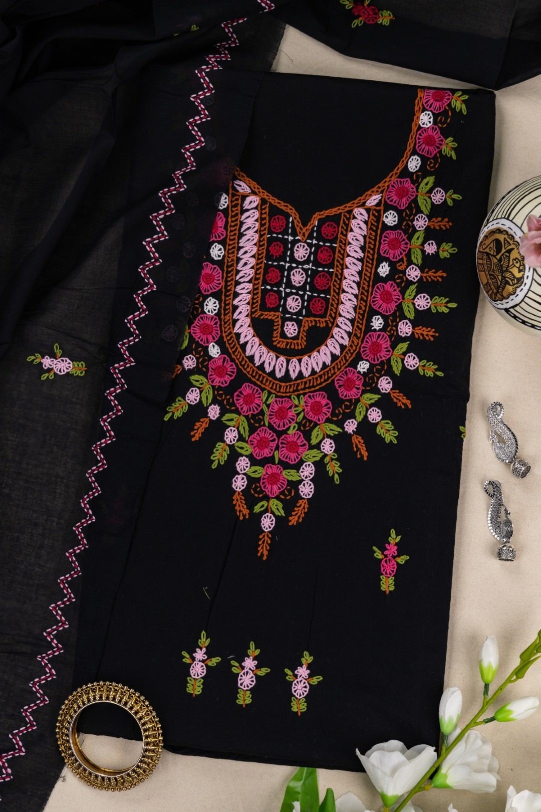 Adrika Black Cotton Kurta Set with Multicoloured Hand Embroidery