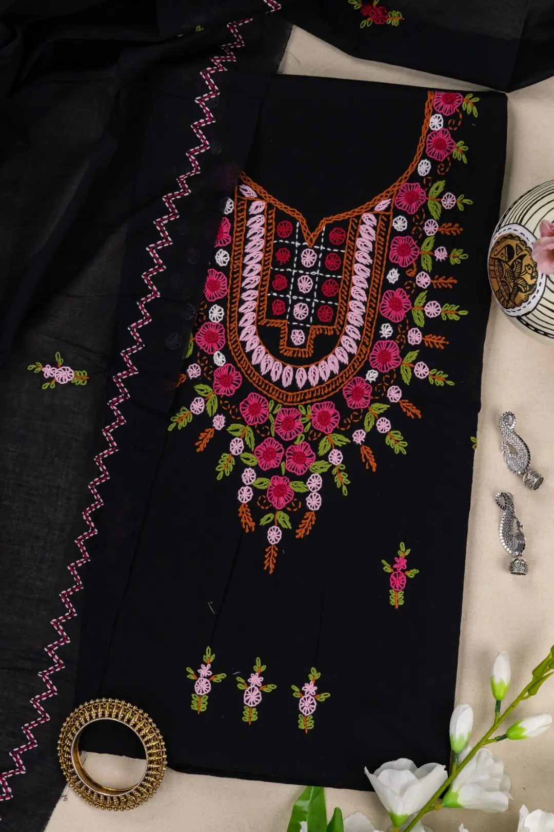 Adrika Black Cotton Kurta Set with Multicoloured Hand Embroidery