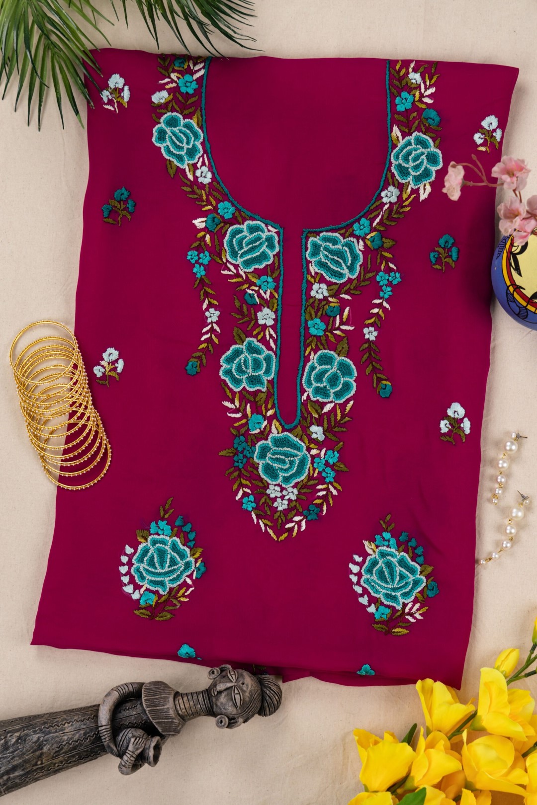 unstitched Georgette kurta with floral hand embroidery