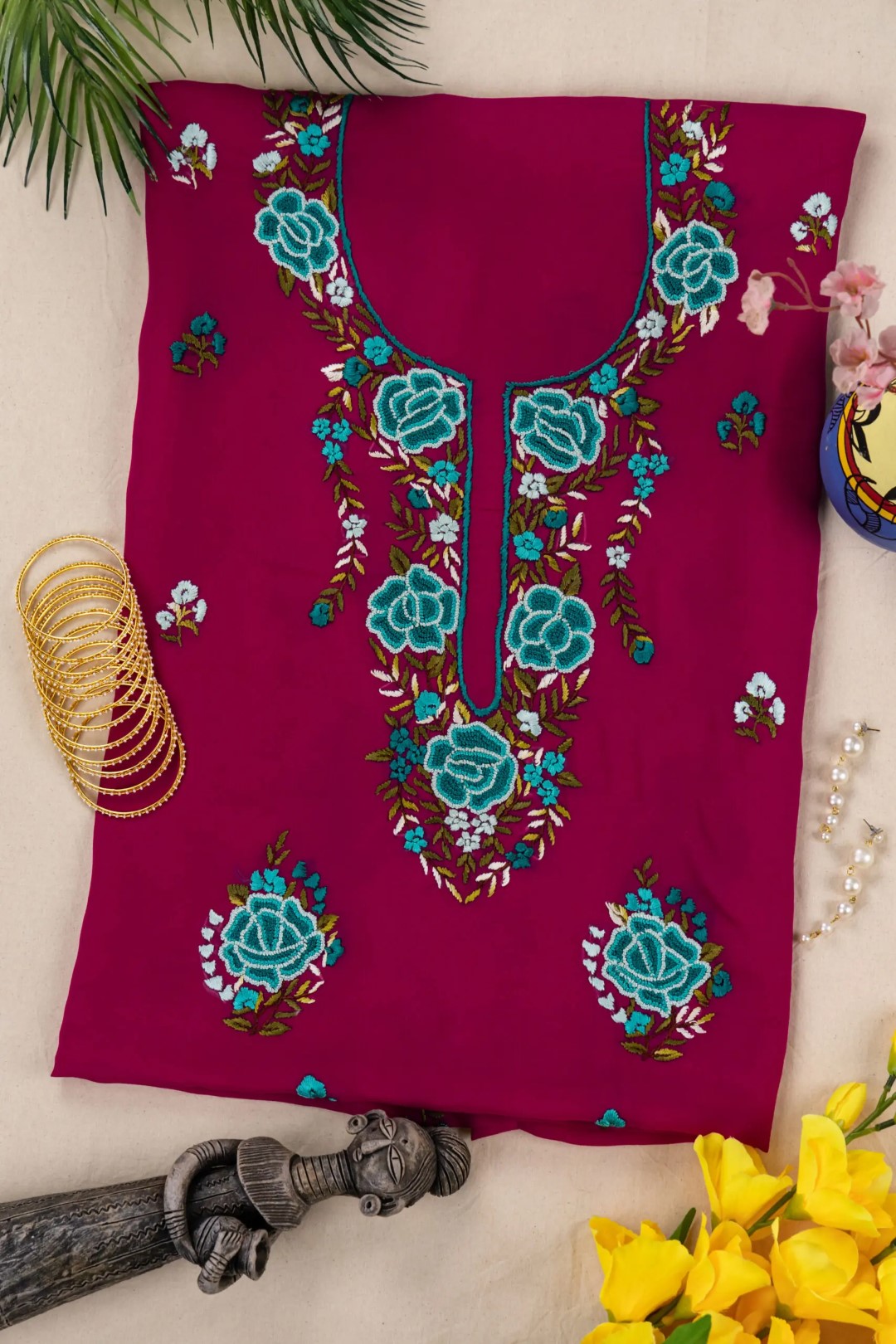 unstitched Georgette kurta with floral hand embroidery