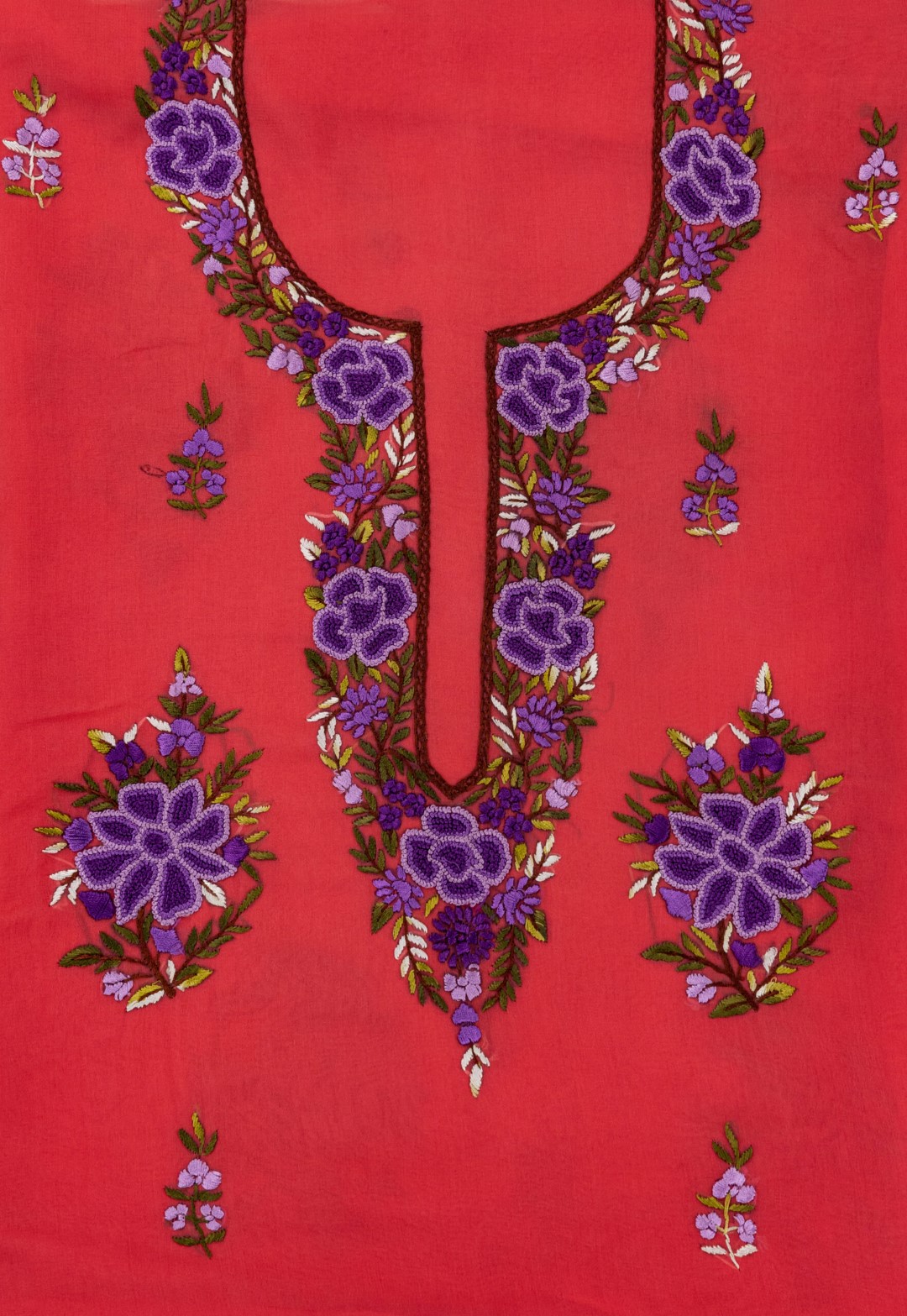 Adrika’s hand-embroidered unstitched Georgette kurta in soft colors