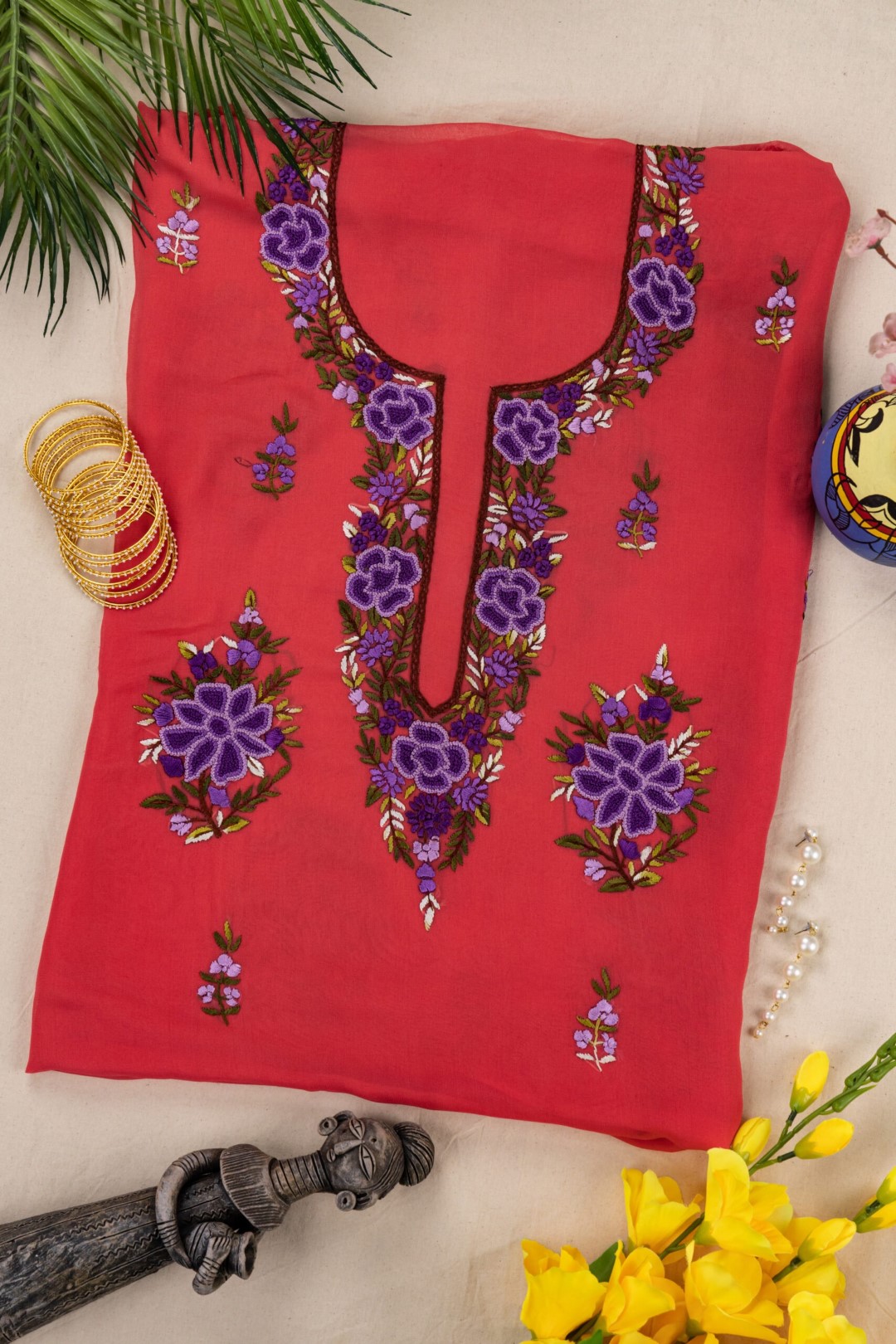 Hand-embroidered unstitched Georgette kurta in soft colors