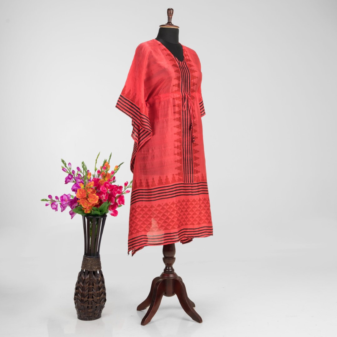 Hand Block Printed Murshidabad Silk Kaftan by Adrika