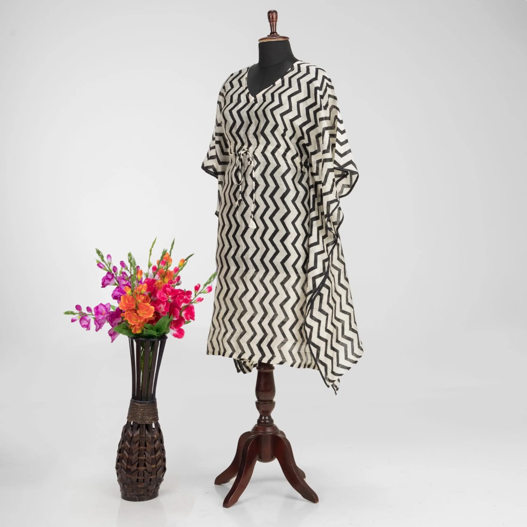 Handloom Murshidabad Silk Kaftan with Exquisite Hand Block Print by Adrika