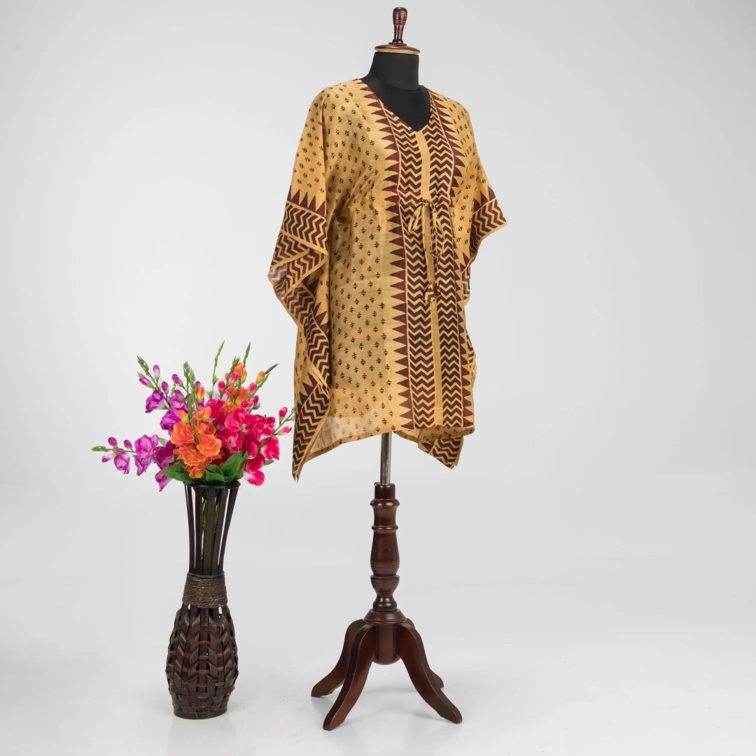 Murshidabad Silk Kaftan with Artistic Hand Block Print by Adrika