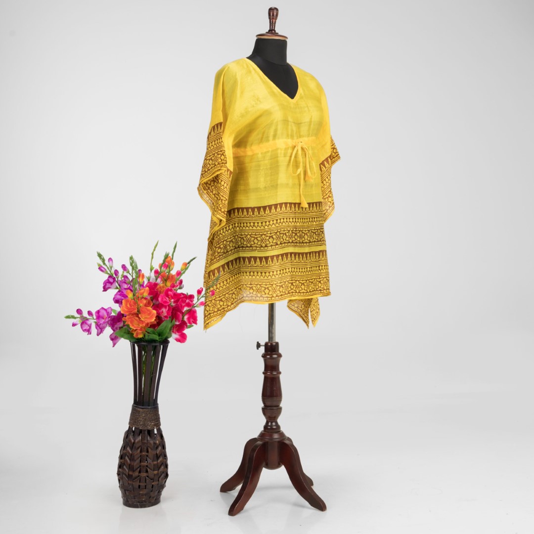 Elegant Murshidabad Silk Kaftan with Hand Block Print by Adrika