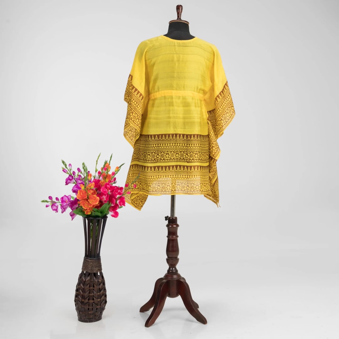 Hand Block Printed Murshidabad Silk Kaftan by Adrika