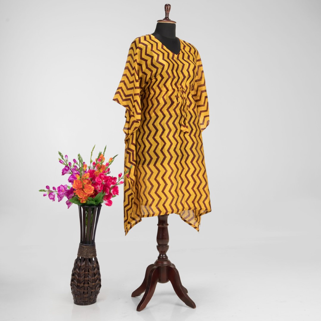 Murshidabad Silk Kaftan with Exquisite Hand Block Print by Adrika