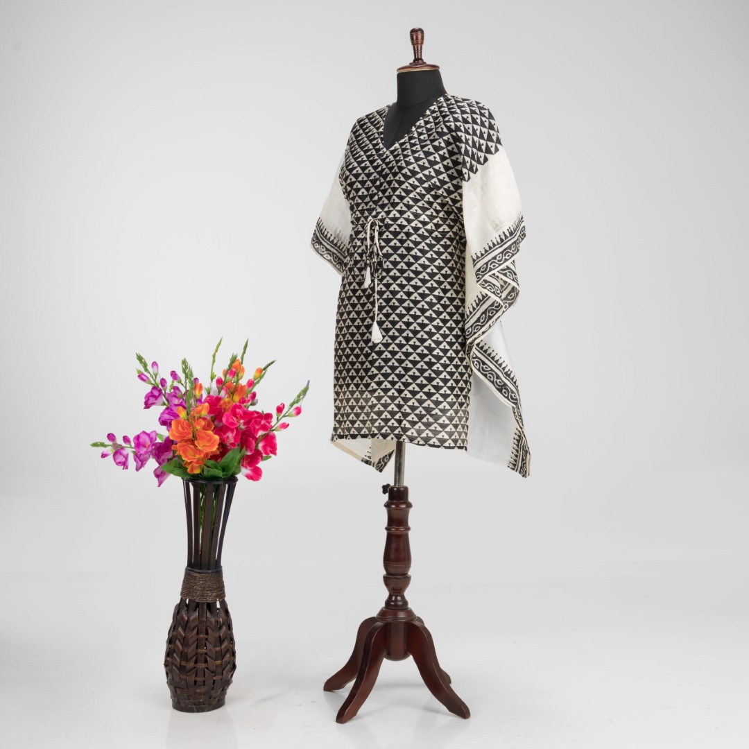Hand Block Printed Pure Handloom Murshidabad Silk Kaftan by Adrika
