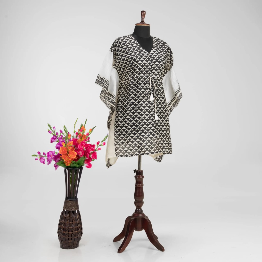 Traditional Hand Block Print on Murshidabad Silk Kaftan by Adrika"