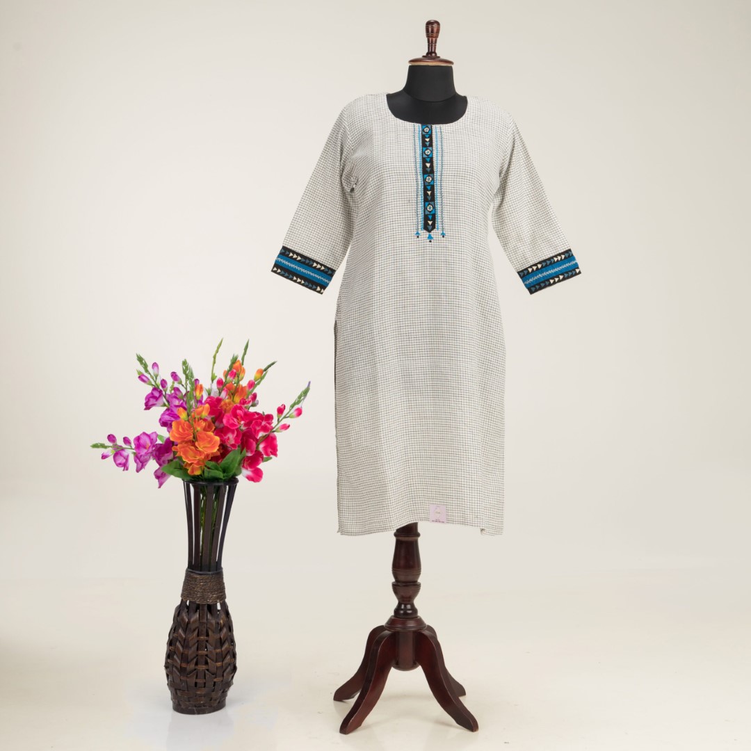 Hand Embroidered Khadi Cotton Kurti by Adrika