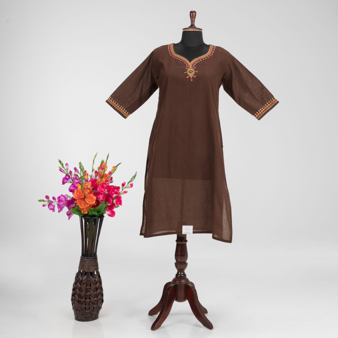 Hand Embroidered Khadi Cotton Kurti Dress by Adrika