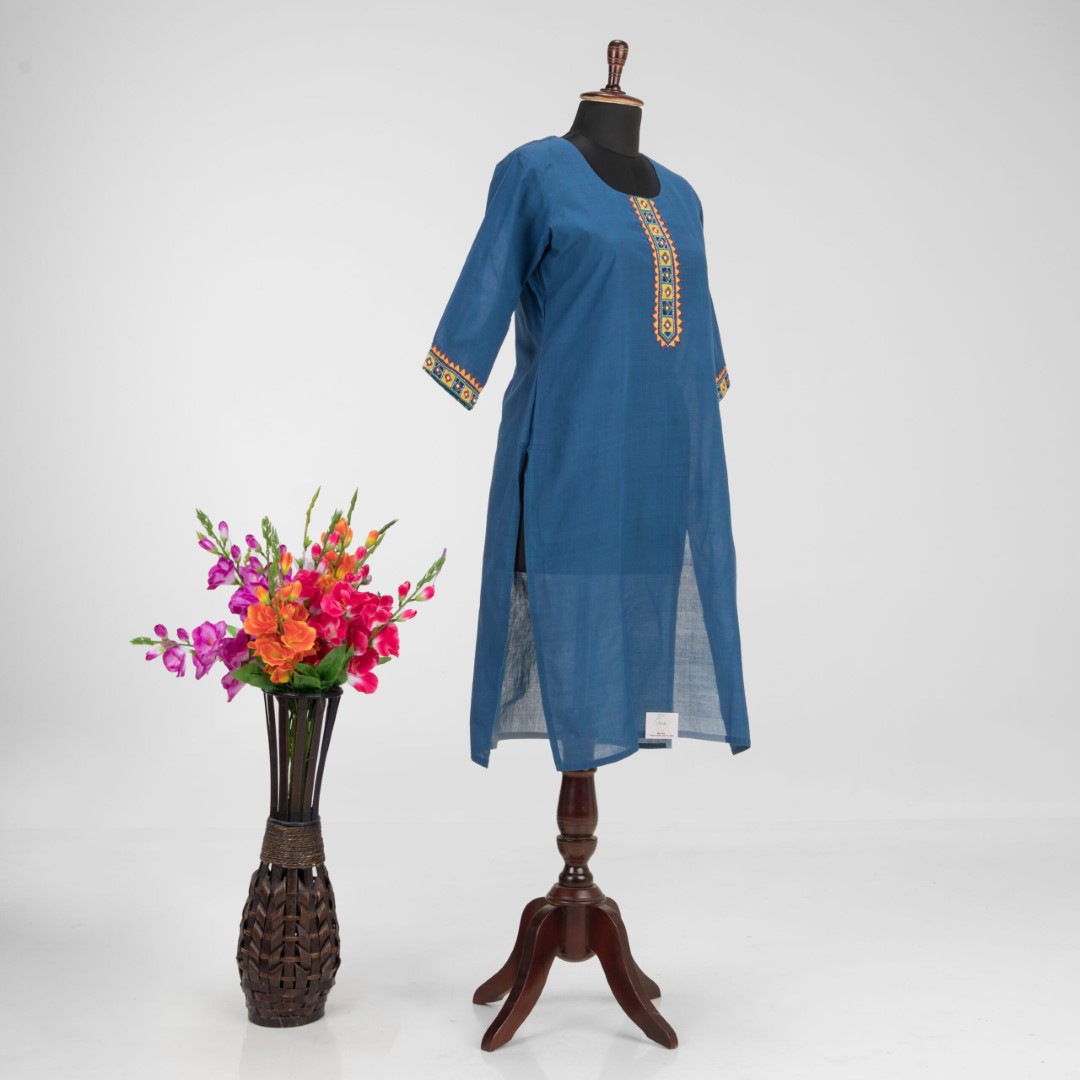 Khadi Cotton Kurti with Artistic Hand Embroidery by Adrika