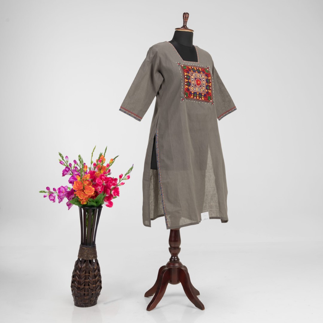 Khadi Cotton Kurti with Artisanal Hand Embroidery by Adrika