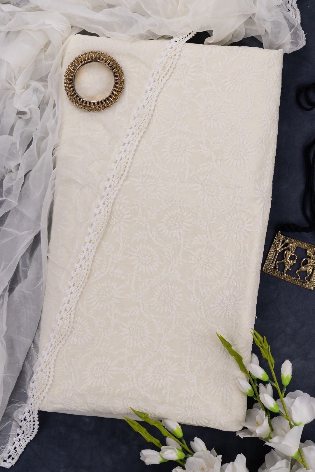 Adrika Offwhite Cotton Hand Embroidered Lucknow Chikankari Unstitched 3-Piece Kurti Set
