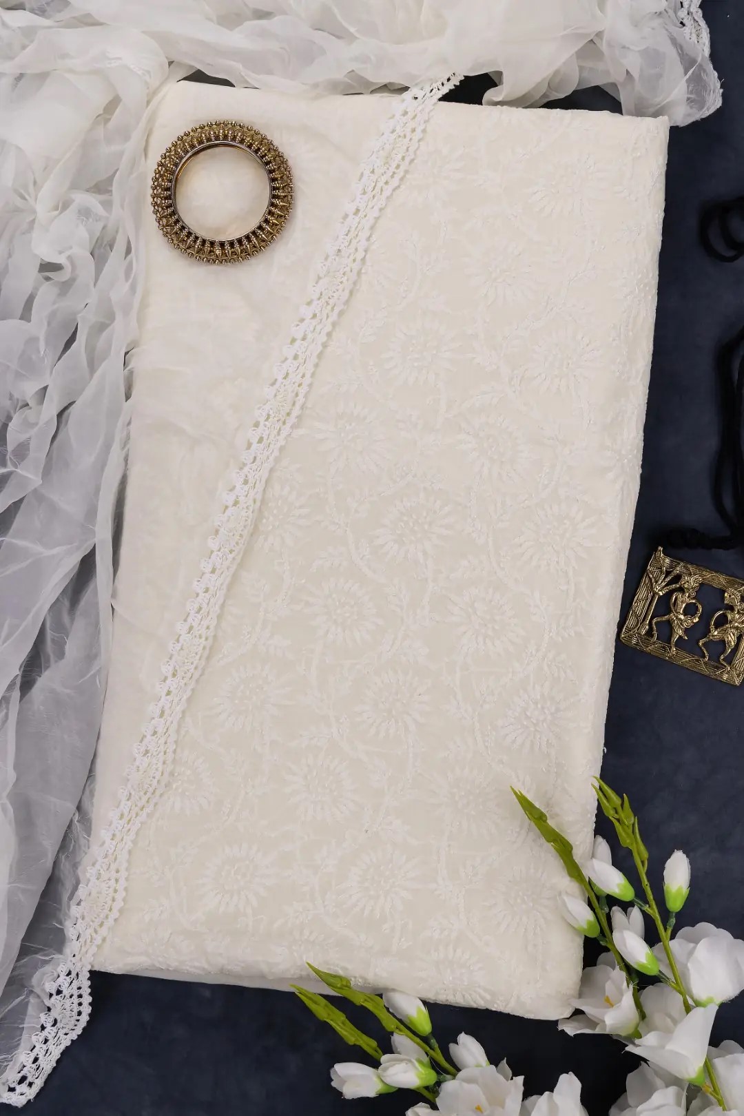 Adrika Offwhite Cotton Hand Embroidered Lucknow Chikankari Unstitched 3-Piece Kurti Set