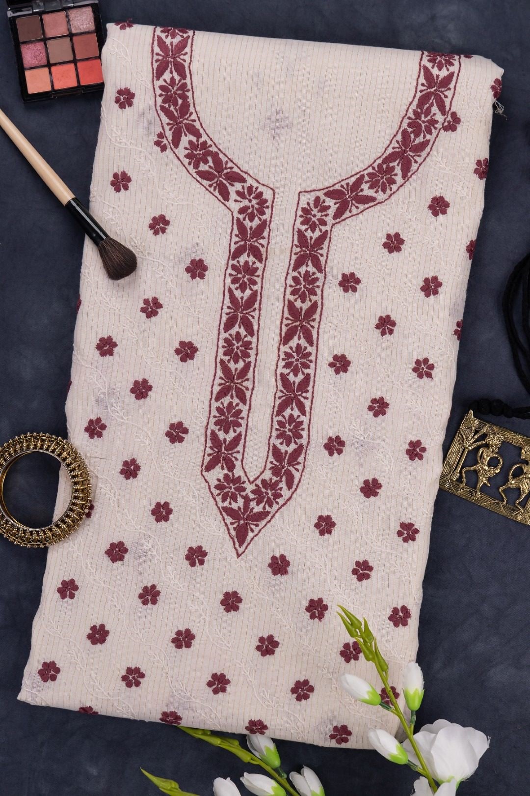 Adrika's Off White Mangalgiri Cotton Lucknow Chikankari Unstitched Kurti Set