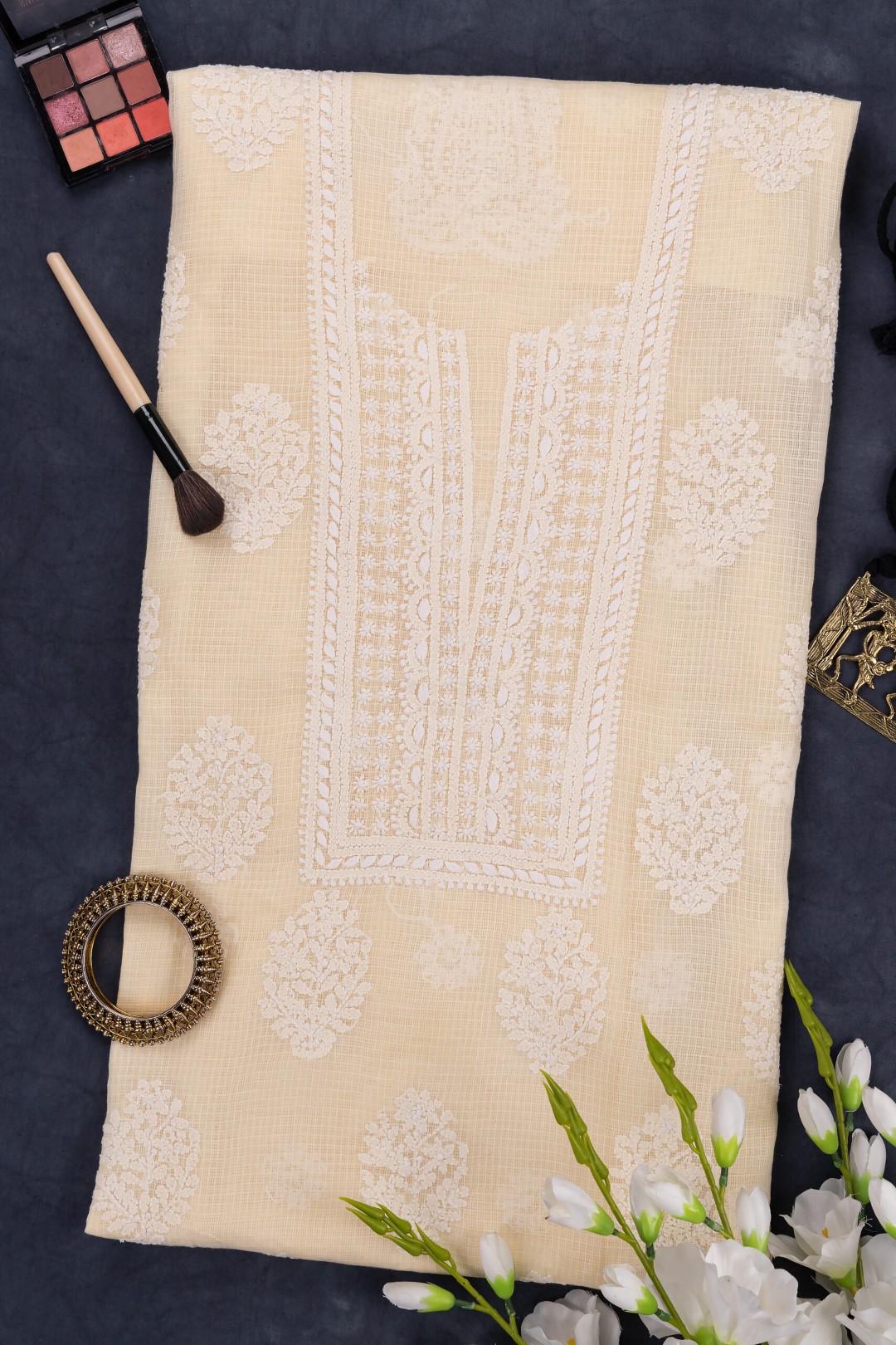 Hand-embroidered Chikankari Kota kurta fabric