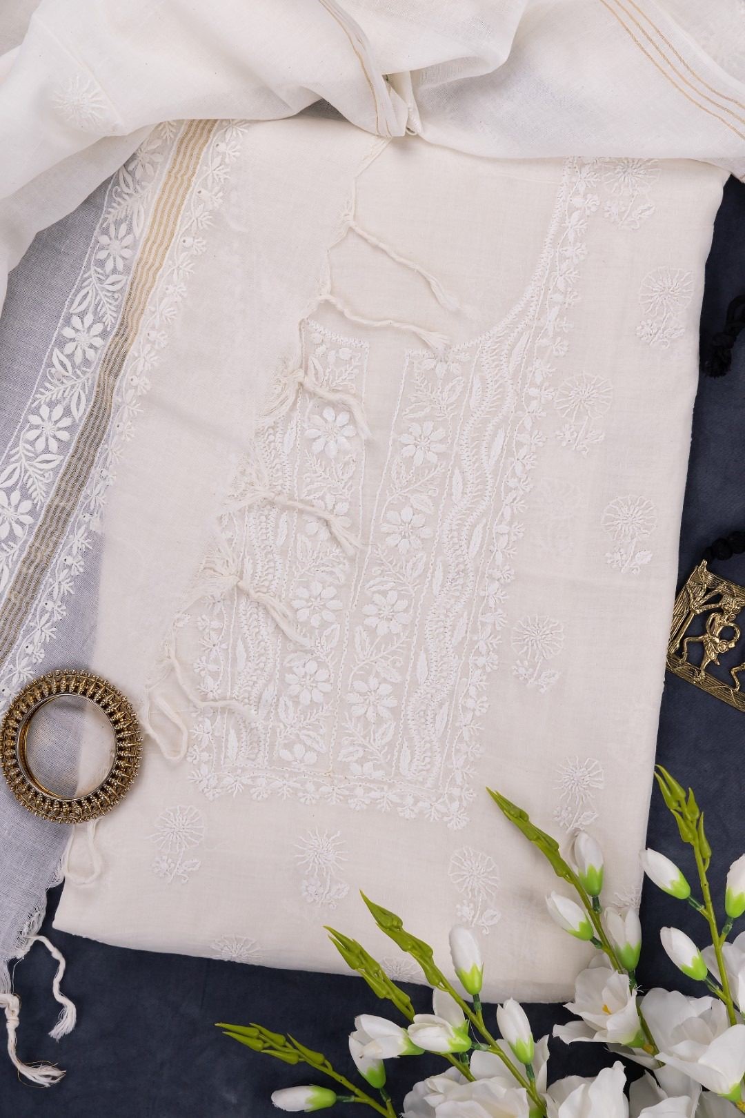 Adrika's Off White Mangalgiri Cotton Lucknow Chikankari Unstitched Kurti Set