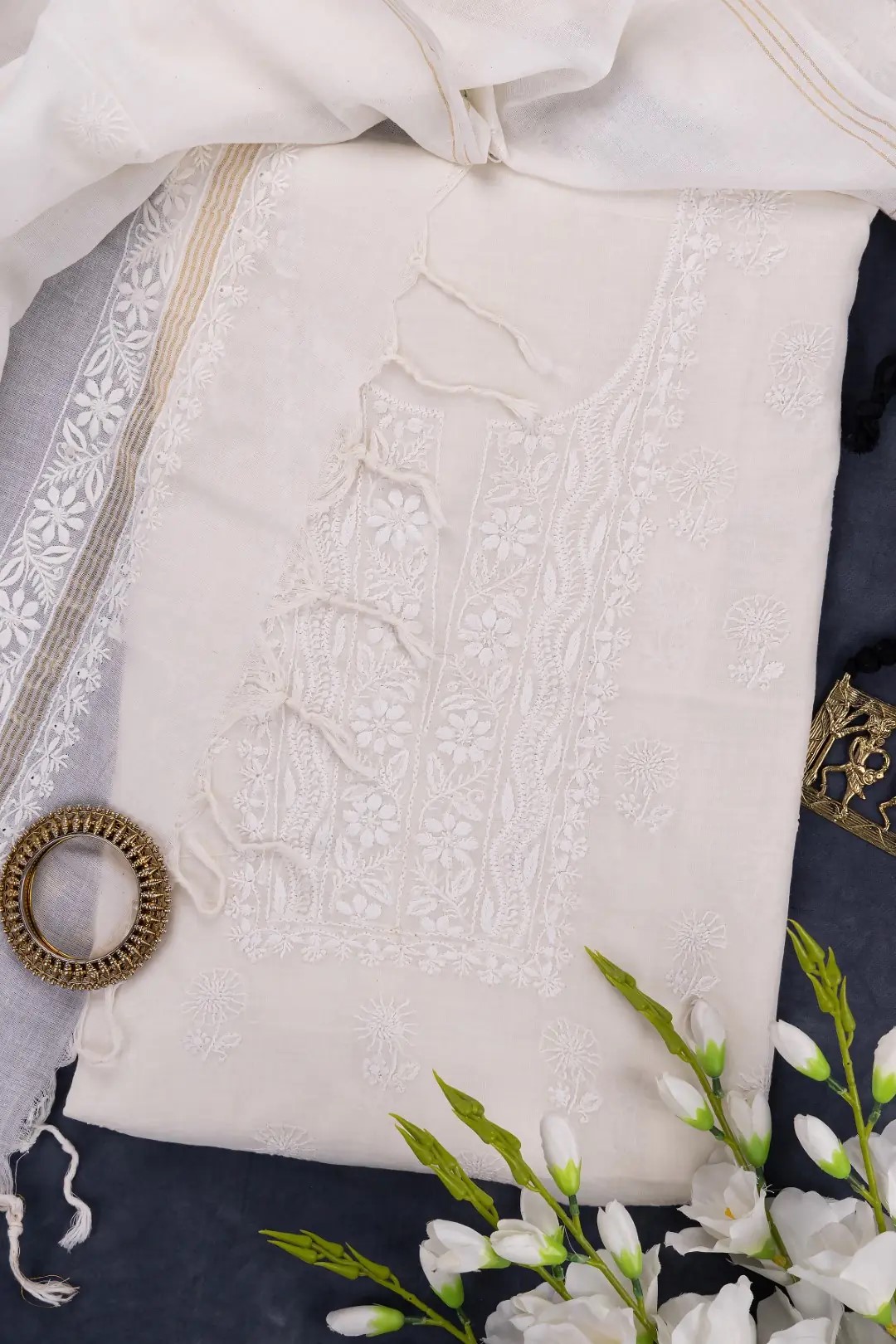 Adrika's Off White Mangalgiri Cotton Lucknow Chikankari Unstitched Kurti Set