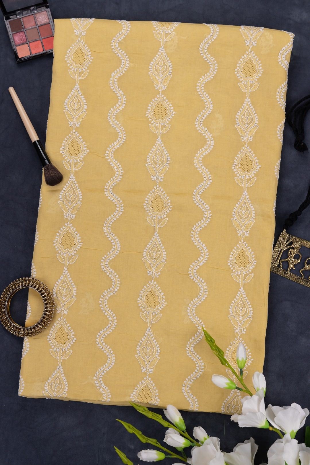 Adrika's Lucknow Chikankari Macaroon Yellow Cotton Unstitched Kurti