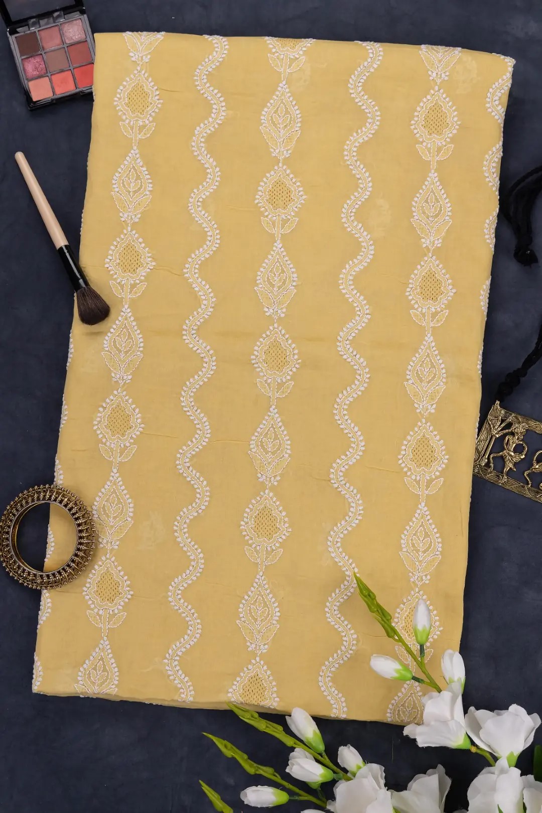 Adrika's Lucknow Chikankari Macaroon Yellow Cotton Unstitched Kurti