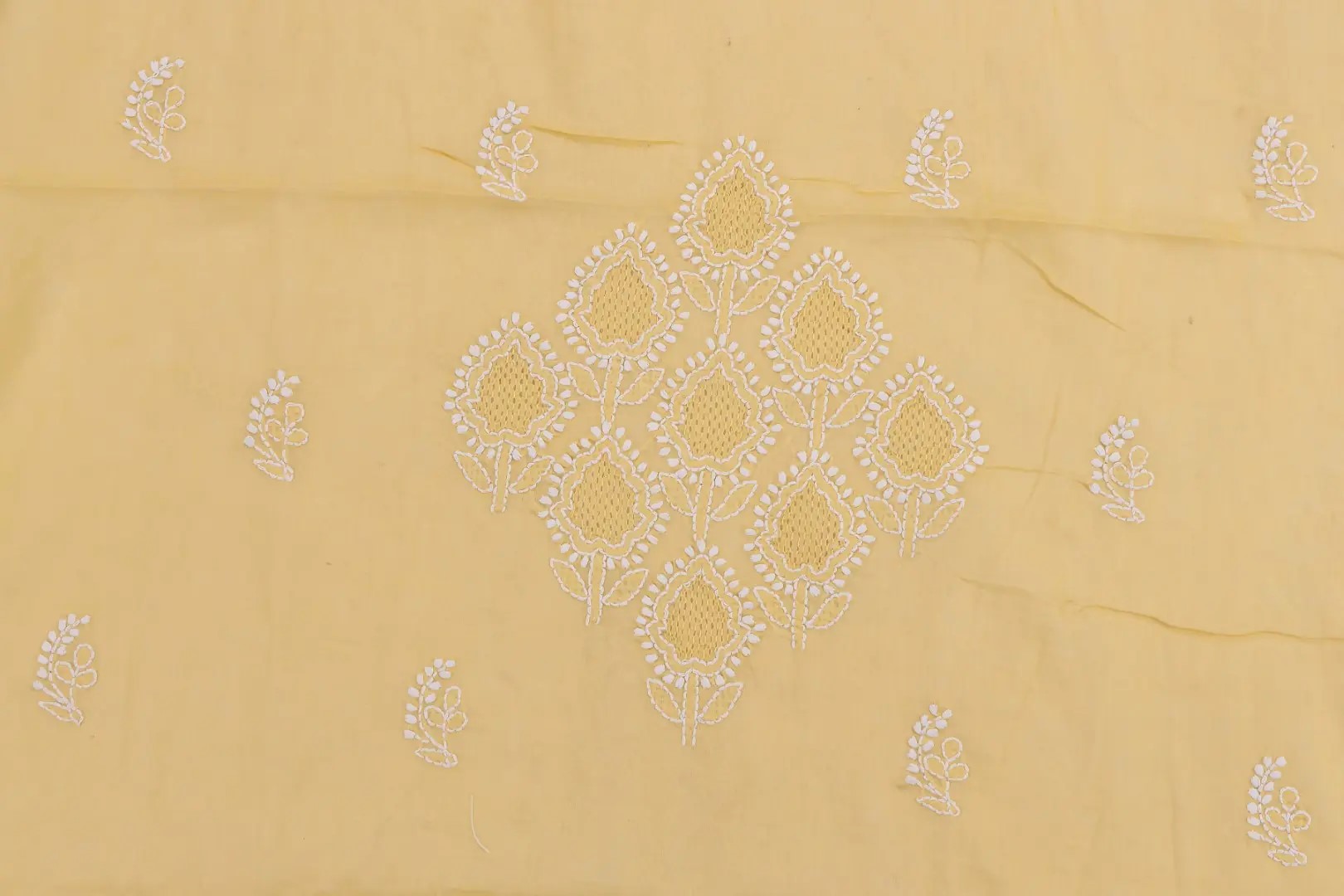 Traditional Lucknow Chikankari Macaroon Yellow Cotton Unstitched Kurti by Adrika