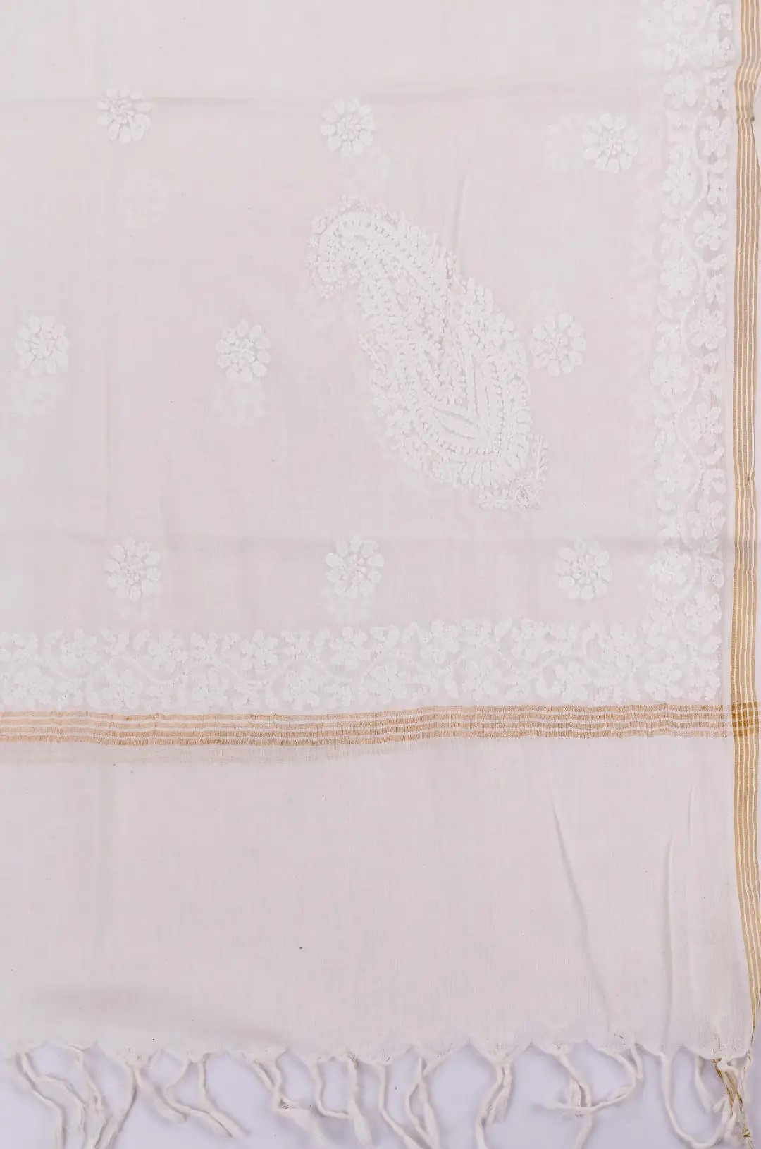 Traditional Lucknow Chikankari Off White Mangalgiri Cotton Unstitched 2-Piece Kurti Set by Adrika