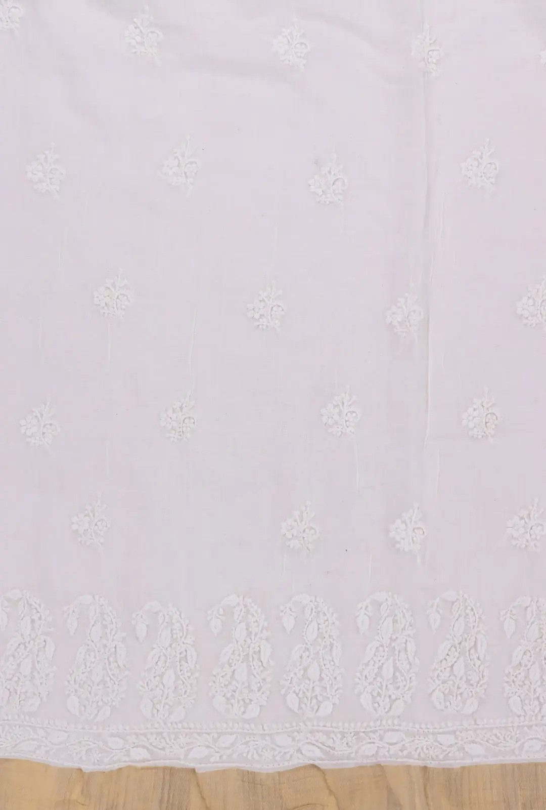 Hand-embroidered Lucknow Chikankari Off White Mangalgiri Cotton Unstitched 2-Piece Kurti Set by Adrika