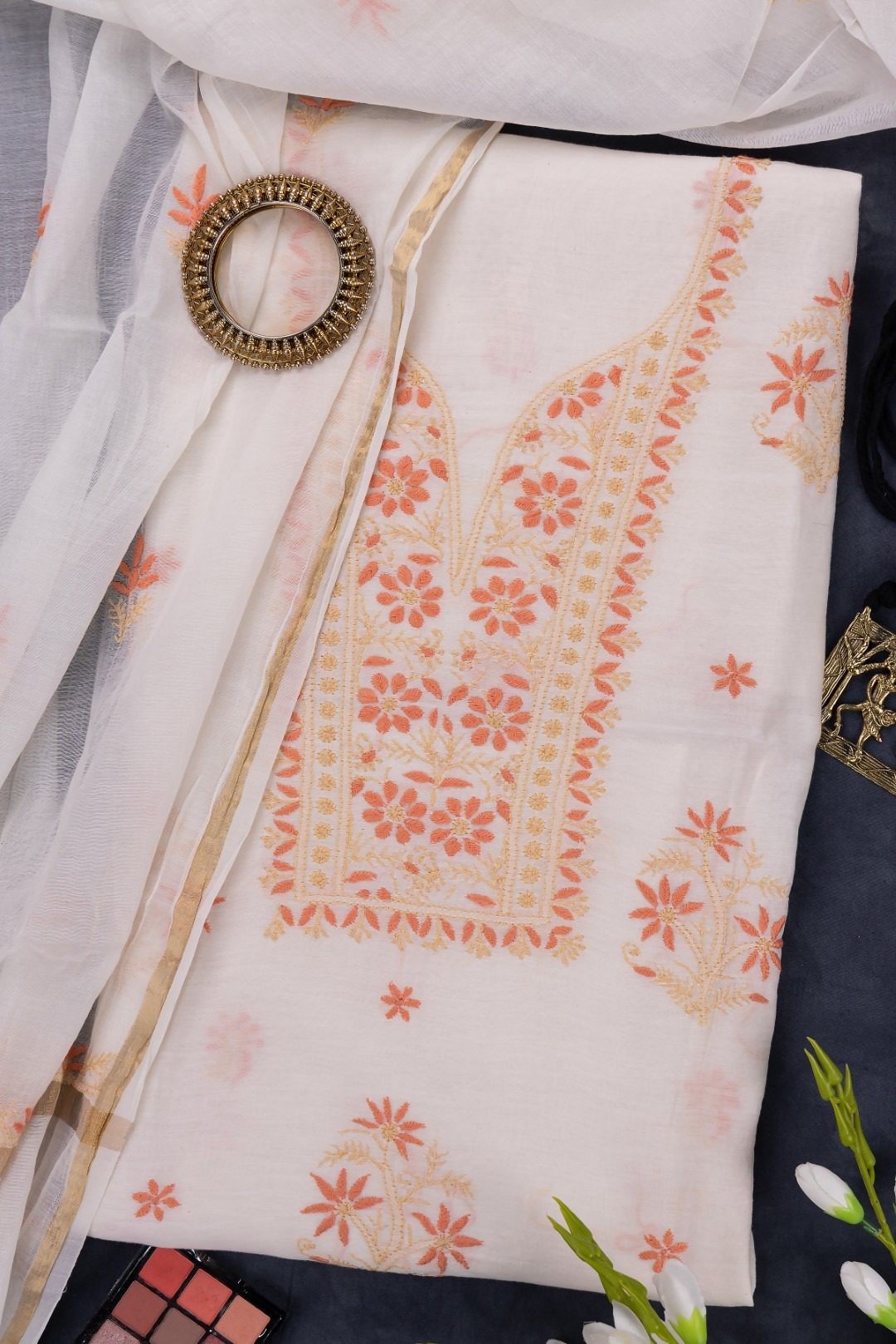 Adrika's Lucknow Chikankari Off White Chanderi Cotton Unstitched 2-Piece Kurti Set