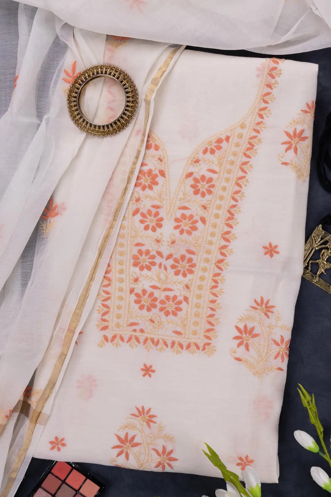 Adrika's Lucknow Chikankari Off White Chanderi Cotton Unstitched 2-Piece Kurti Set