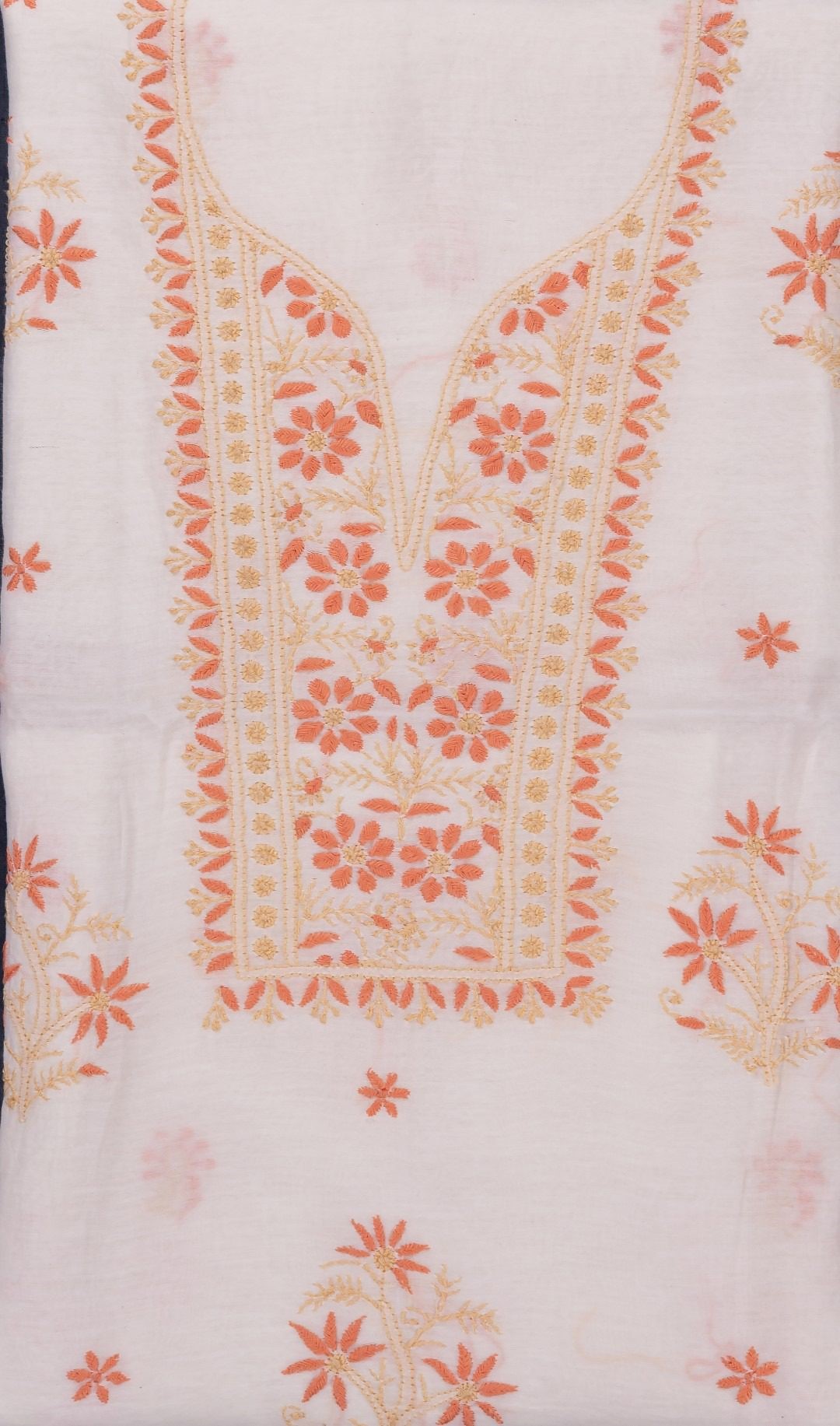 Hand-embroidered Lucknow Chikankari Off White Chanderi Cotton Unstitched 2-Piece Kurti Set by Adrika