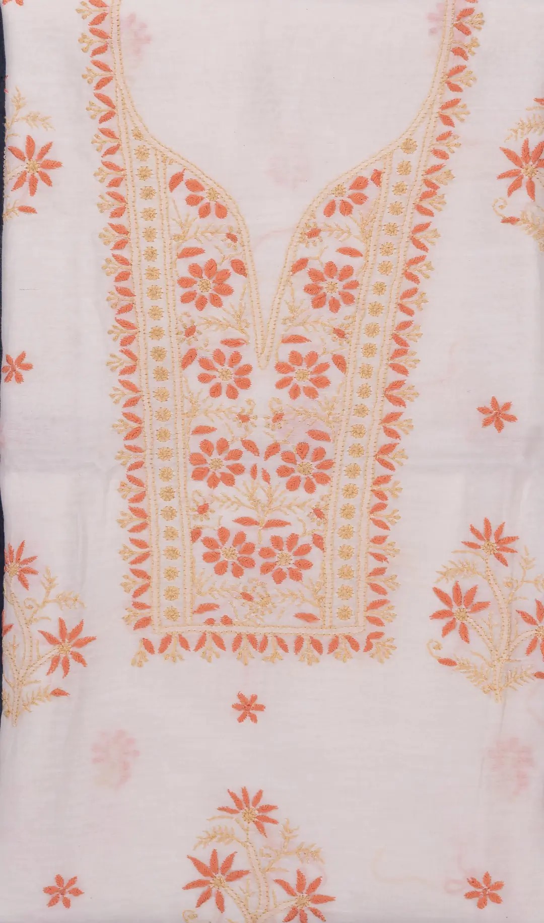 Hand-embroidered Lucknow Chikankari Off White Chanderi Cotton Unstitched 2-Piece Kurti Set by Adrika