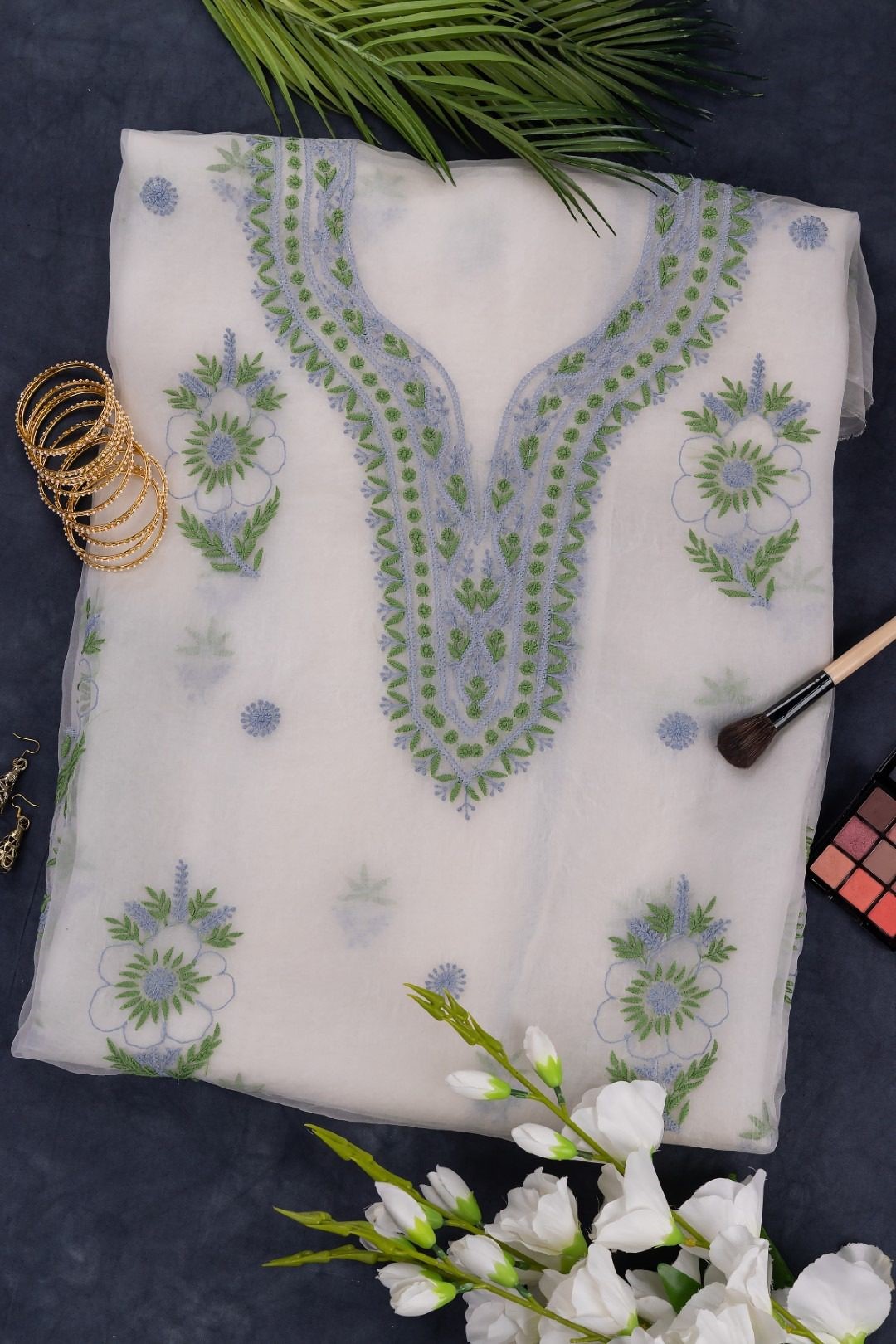 Adrika's Hand-embroidered Lucknow Chikankari Organza Unstitched 2-Piece Kurti Set