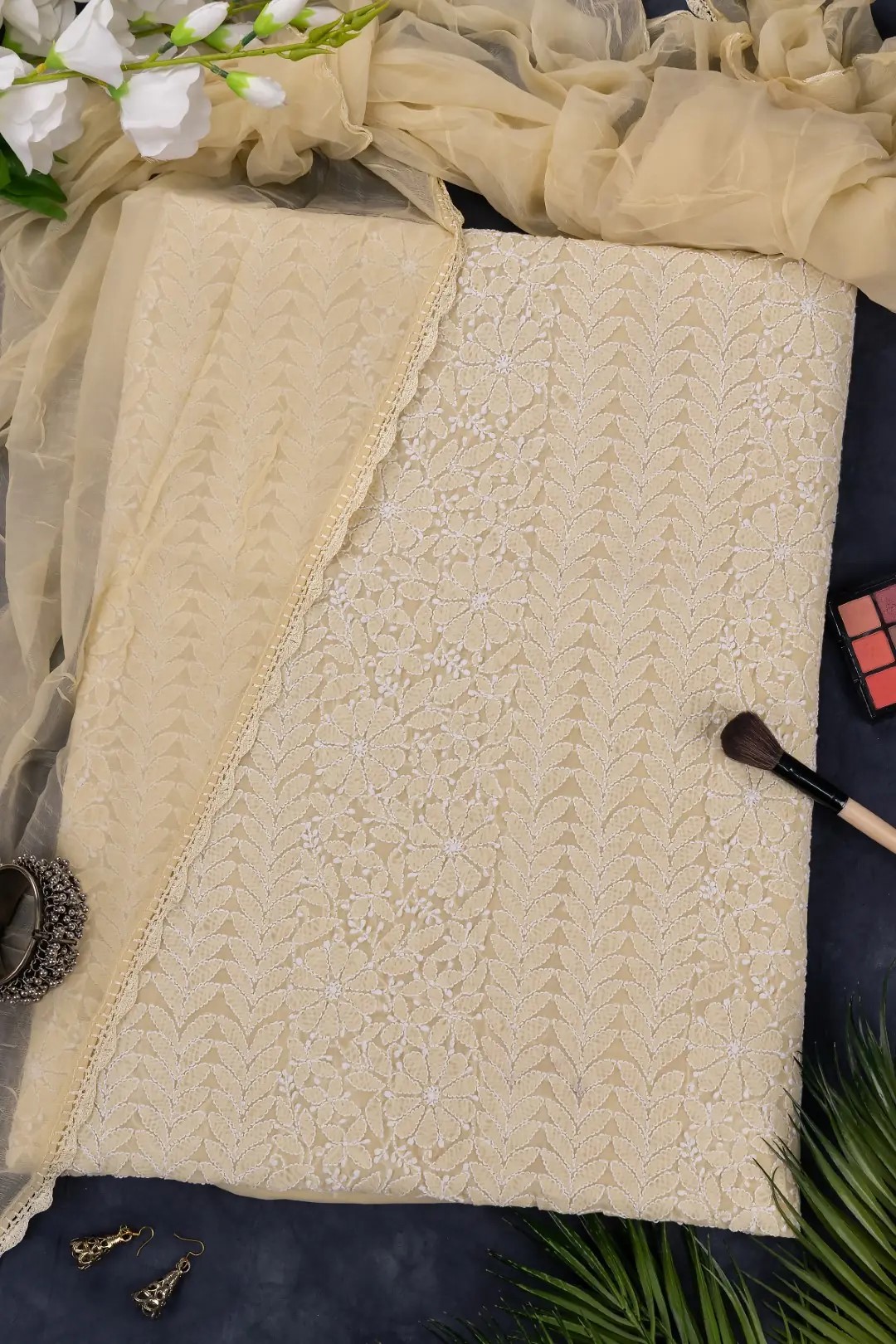 Adrika's Lucknow Chikankari Beige Cotton Unstitched 3-Piece Kurti Set