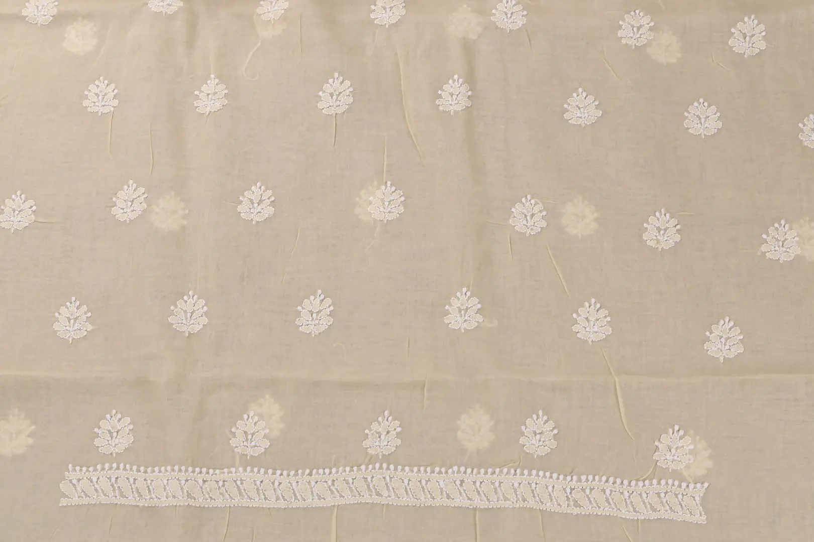 Traditional Lucknow Chikankari Beige Cotton Unstitched 3-Piece Kurti Set by Adrika