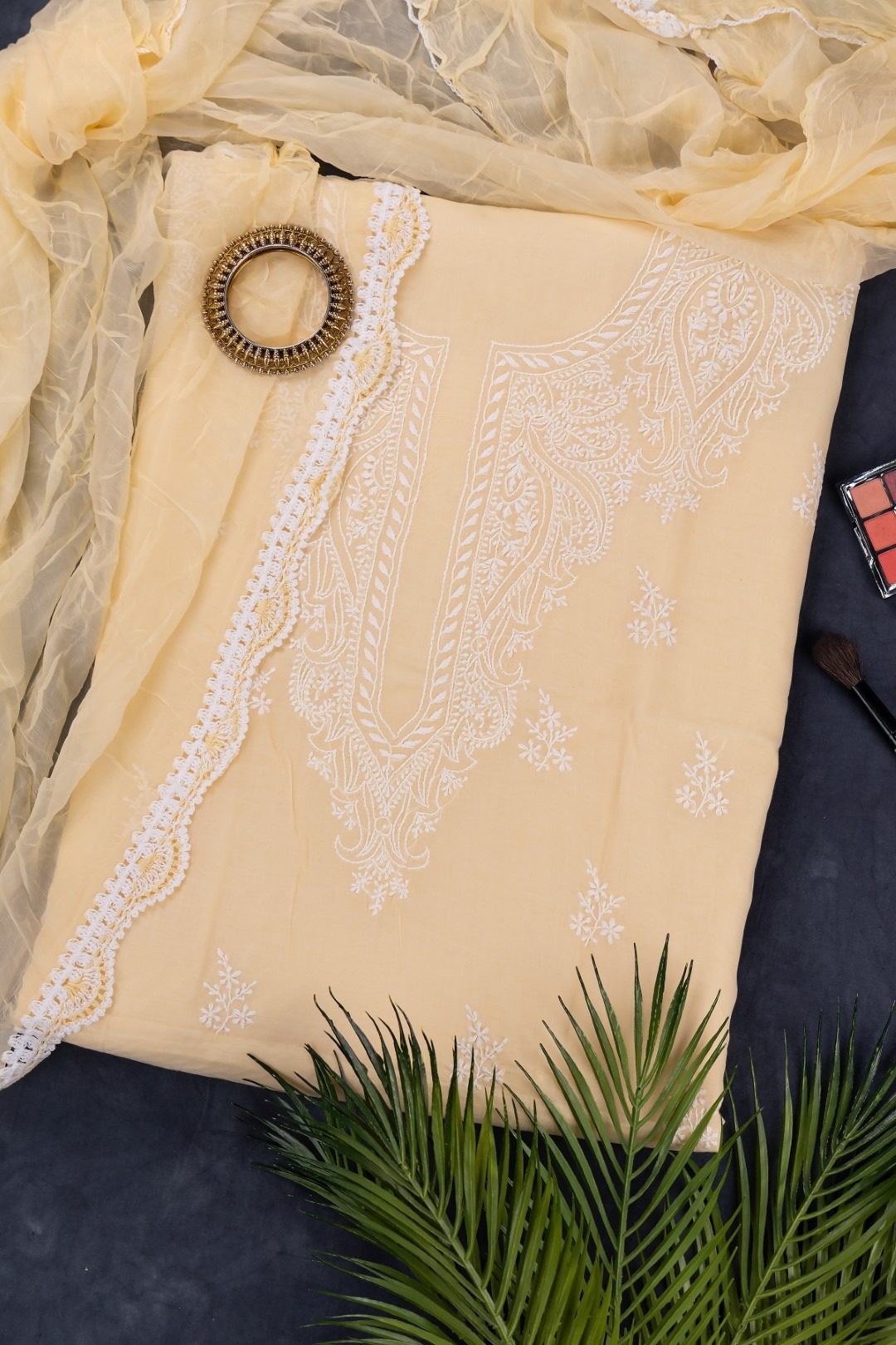 Adrika's Lucknow Chikankari Lemon Yellow Cotton Unstitched 3-Piece Kurti Set