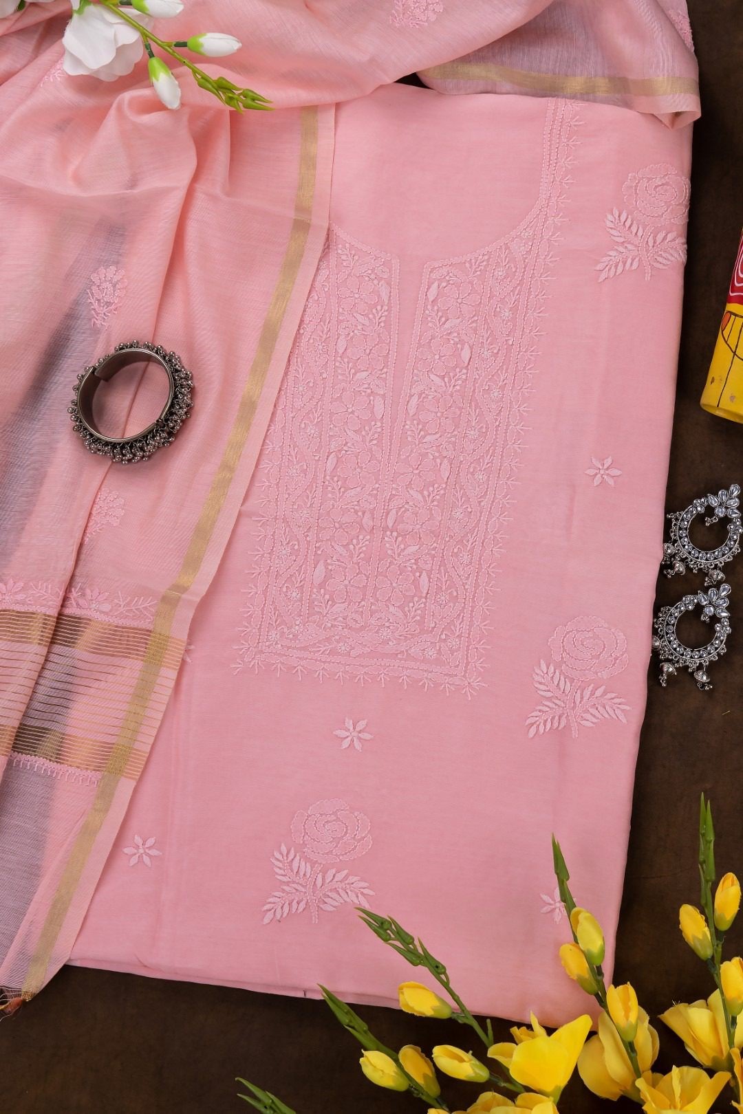 Adrika's Lucknow Chikankari Pink Chanderi Unstitched 2-Piece Kurti Set