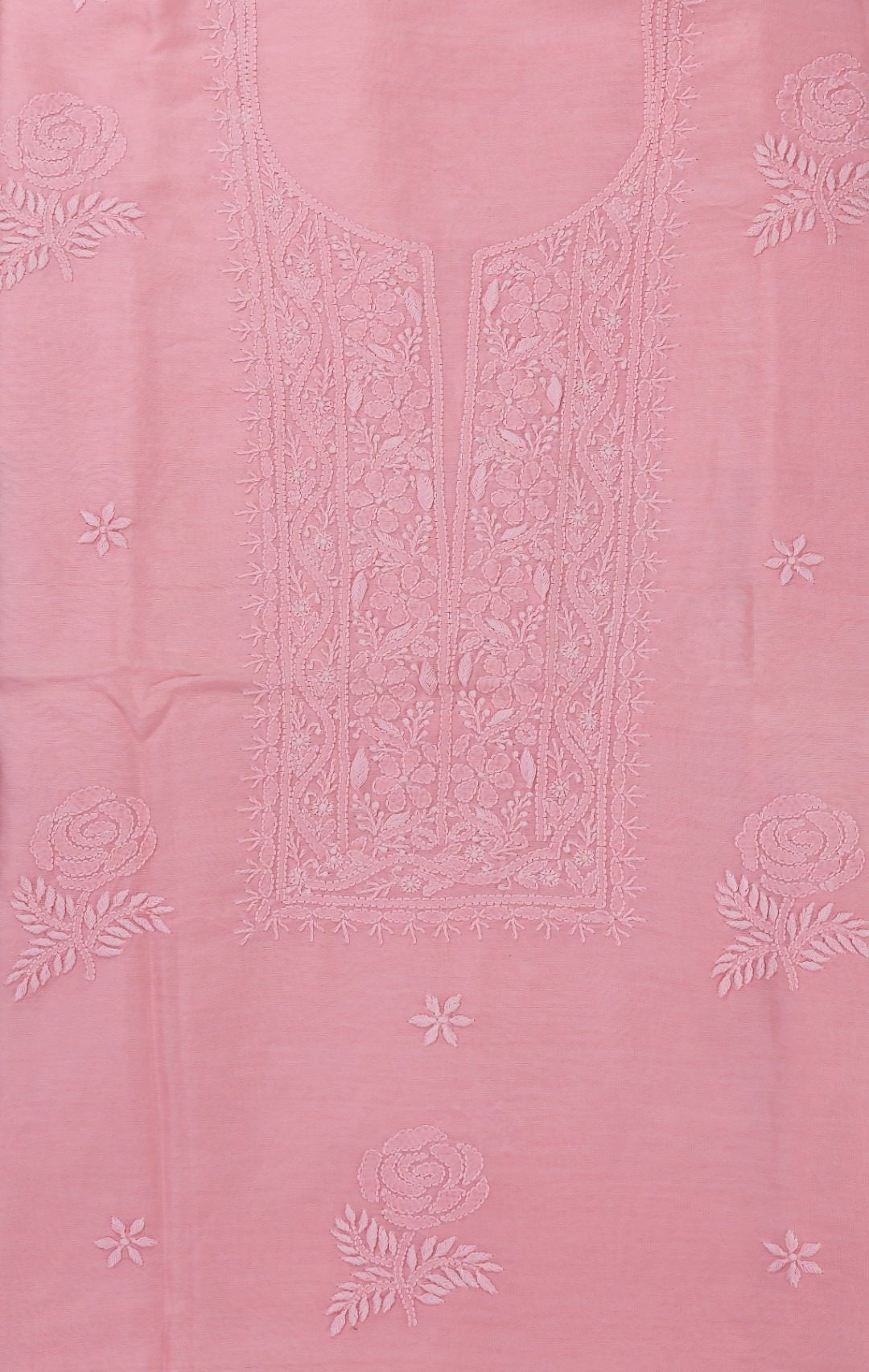 Hand-embroidered Lucknow Chikankari Pink Chanderi Unstitched 2-Piece Kurti Set by Adrika