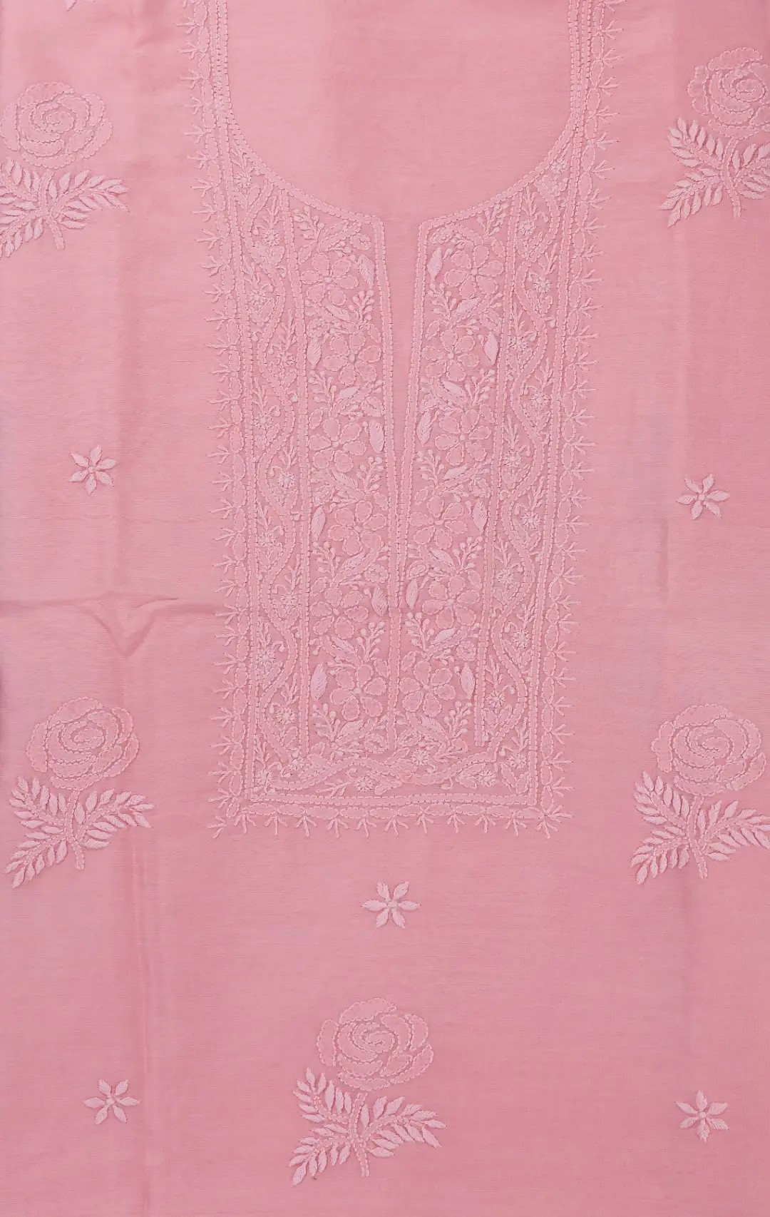 Hand-embroidered Lucknow Chikankari Pink Chanderi Unstitched 2-Piece Kurti Set by Adrika