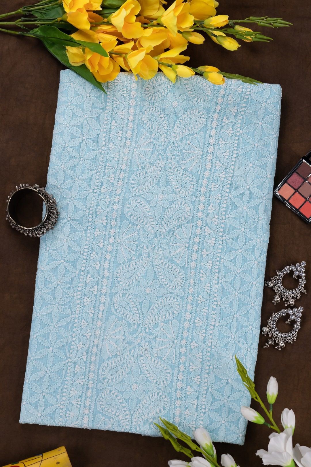 Adrika's Lucknow Chikankari Light Blue Kota Cotton Unstitched Kurti