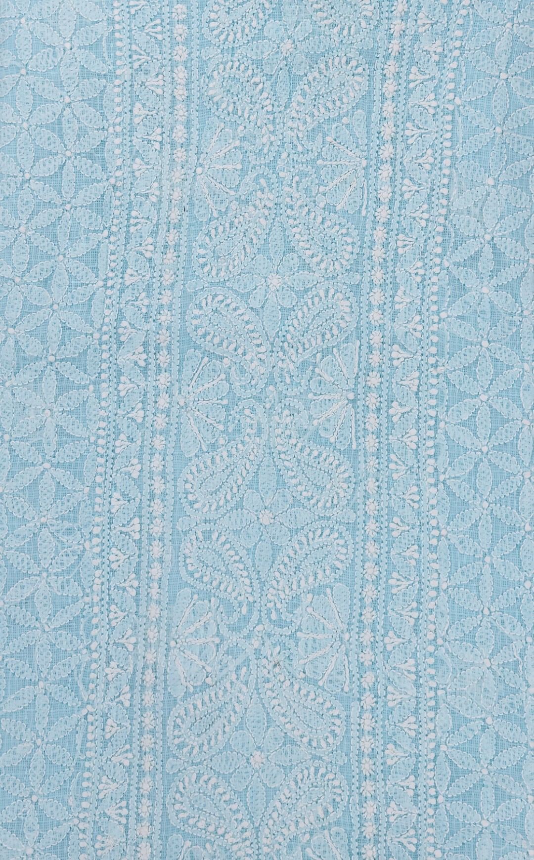 Hand-embroidered Lucknow Chikankari Light Blue Kota Cotton Unstitched Kurti by Adrika